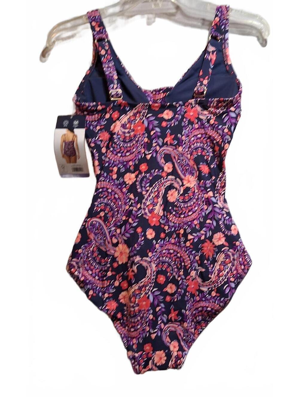 Land's End Paisley Floral One Piece Swimsuit Navy Coral Ruched XS - Picture 2 of 9